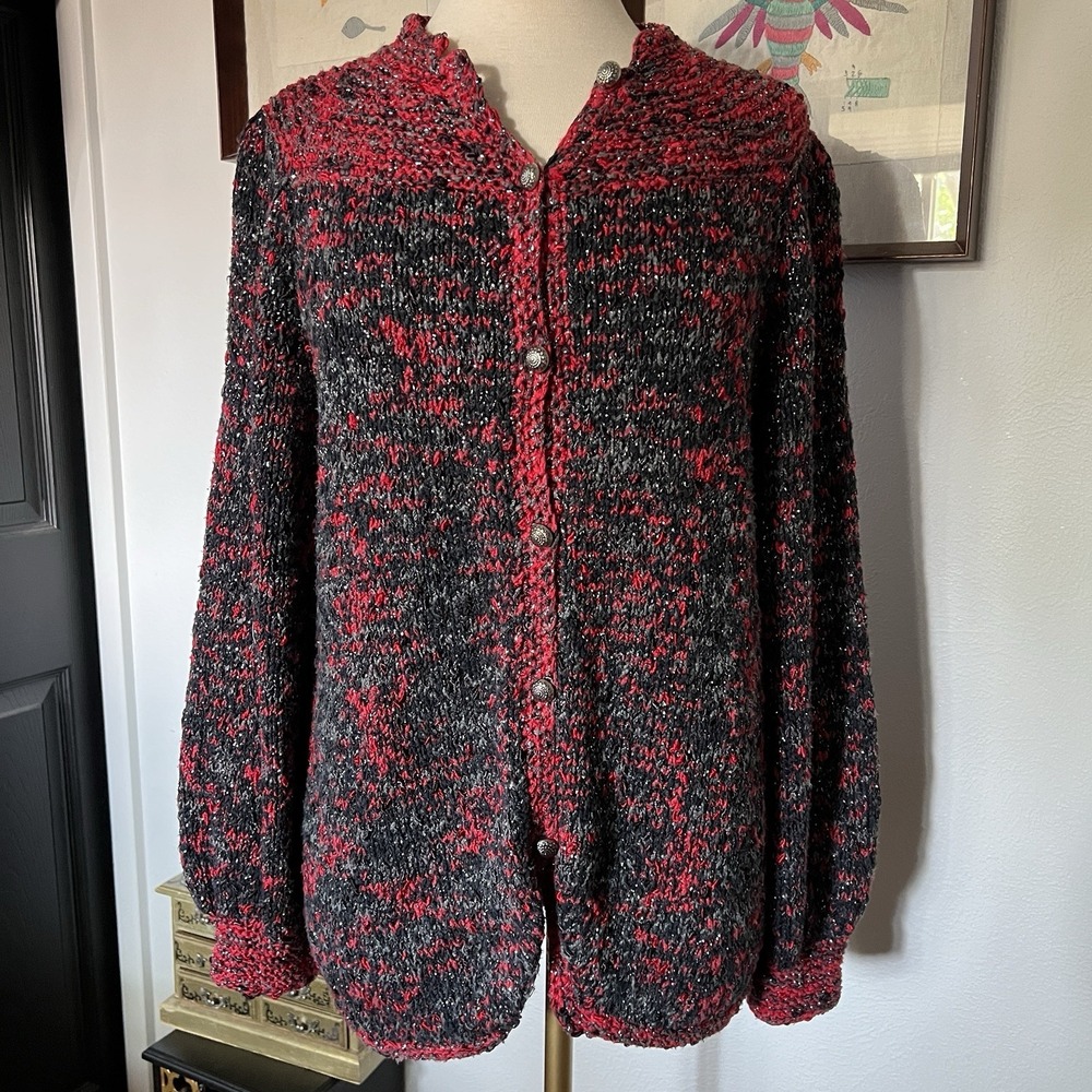 Vintage Sandy D'Andrade Red Black Marled Knit Cardigan Sweater Metallic Medium